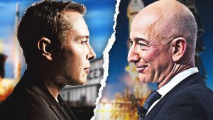 A graphic depiction of Elon Musk and Jeff Bezos for the space race.